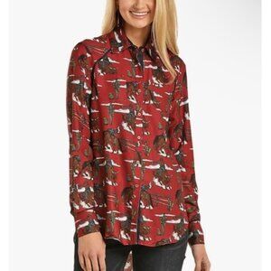 Rock & Roll Cowgirl Women's western shirt Retro Print Long Sleeve Red S